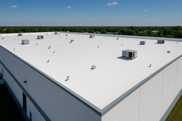 Aerial view of a large commercial flat roof with TPO membrane on a modern warehouse building, sunny day with blue sky