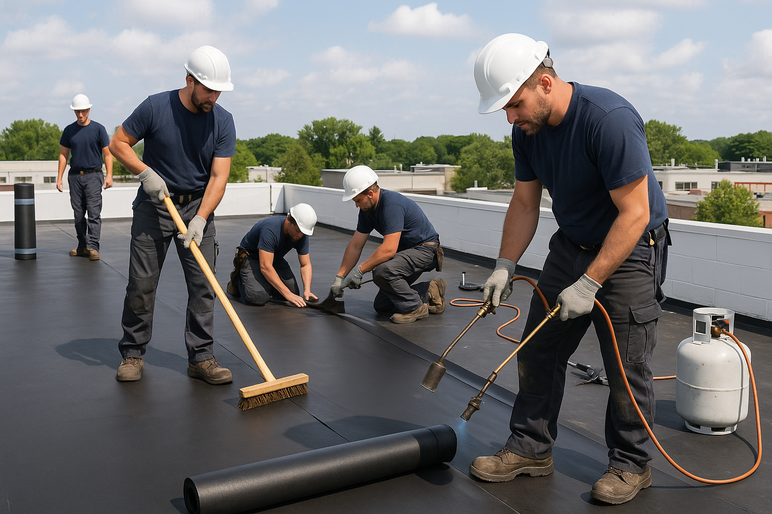 Professional roofing crew installing EPDM rubber membrane on a commercial building rooftop with tools and equipment visible