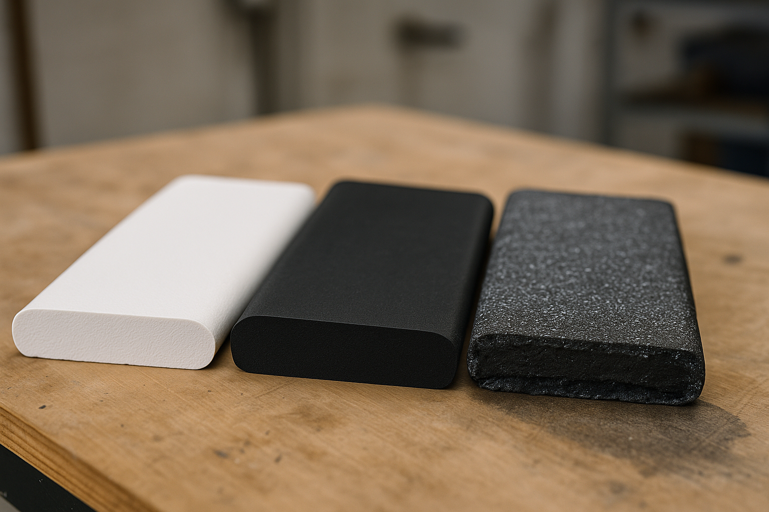 Close-up comparison of three commercial roofing material samples showing TPO white membrane, black EPDM rubber, and modified bitumen side by side on a workbench