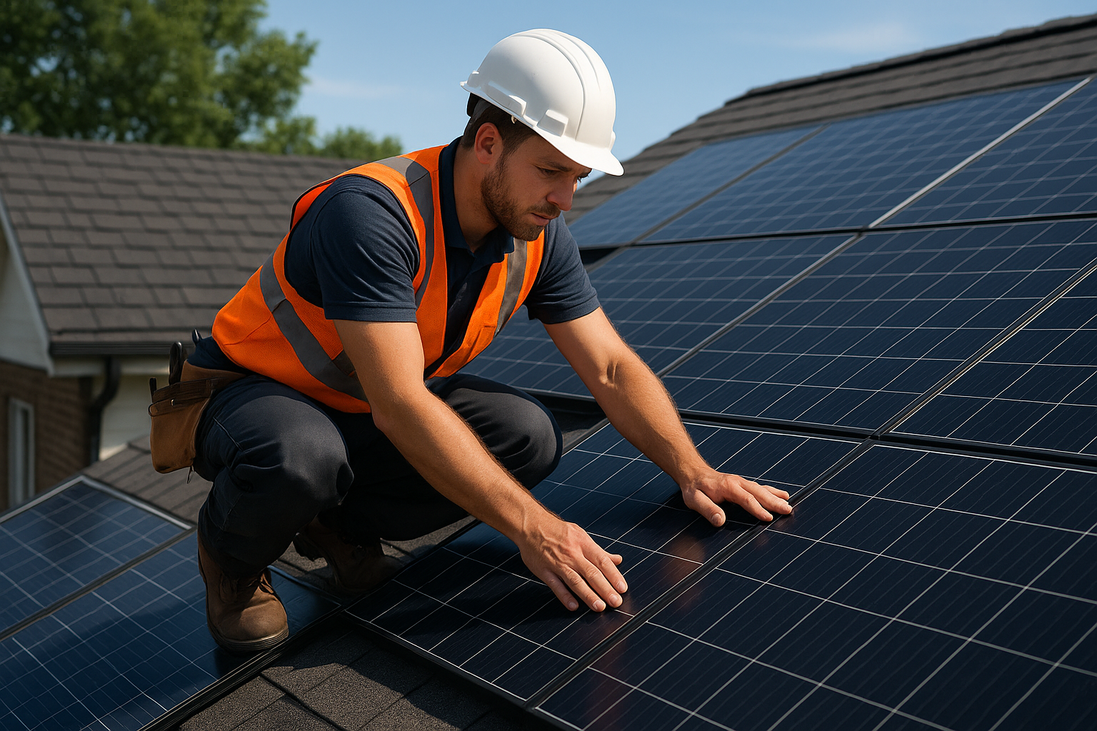 Roofer conducting maintenance on a solar panel integrated roof system, showcasing energy efficiency in action