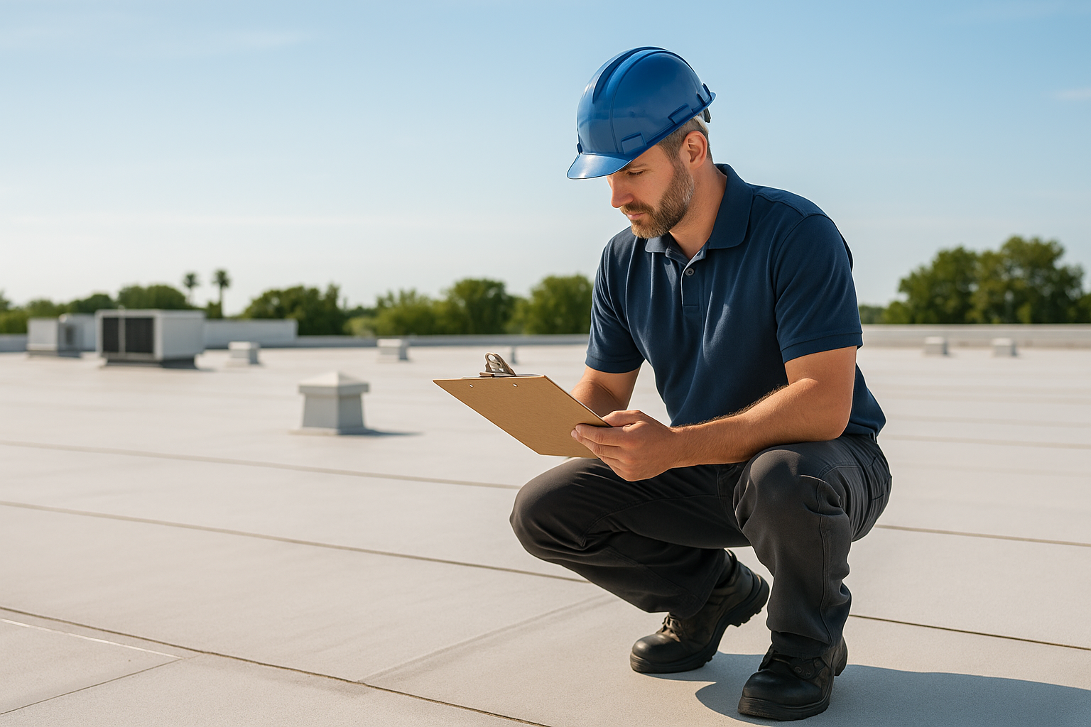 A professional roofer inspecting a large commercial flat roof with a clipboard on a sunny day