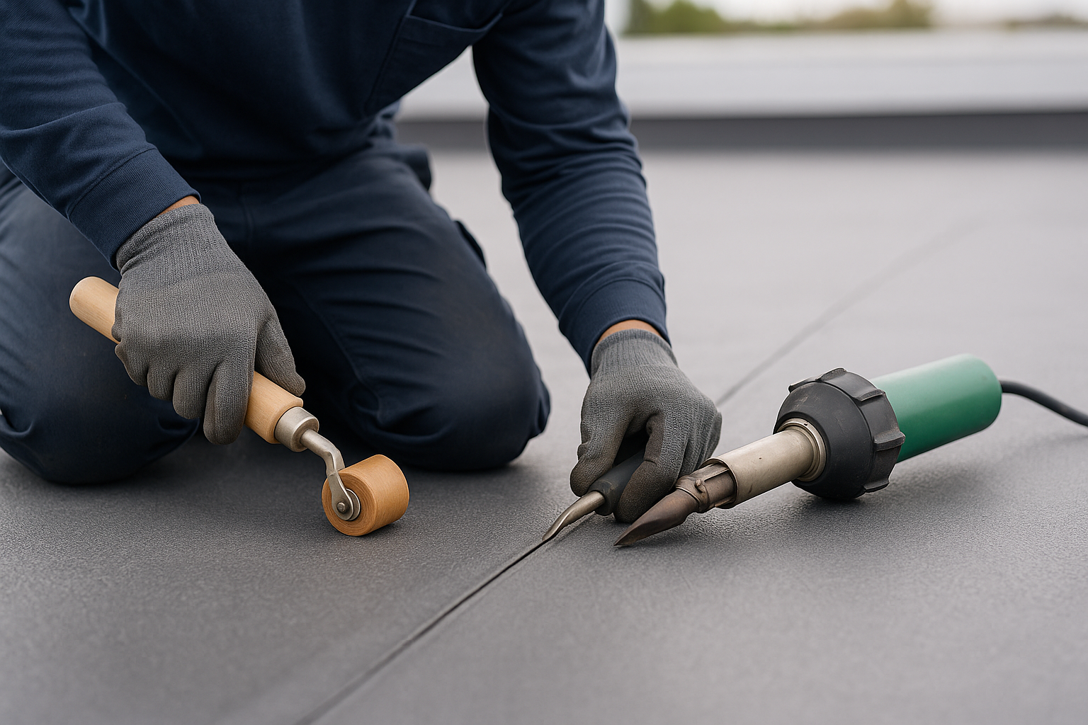 A close-up of a roofer repairing a seam on a flat roof with specialized tools