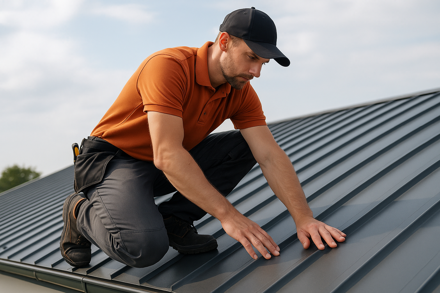 A roofer standing on a metal roof, inspecting panels for damage