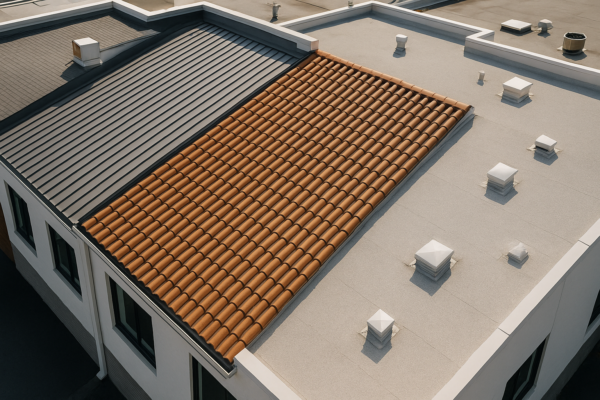 Aerial view of a large commercial building with different roofing materials displayed side by side for comparison