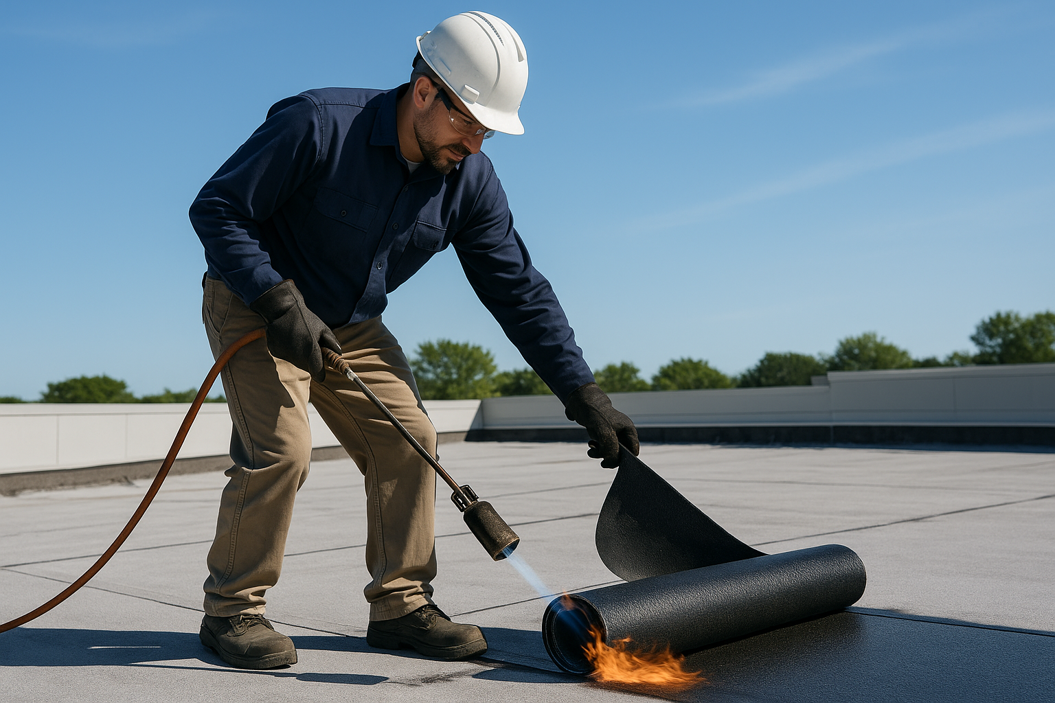 Professional roofer applying a layer of modified bitumen on a commercial roof under clear skies