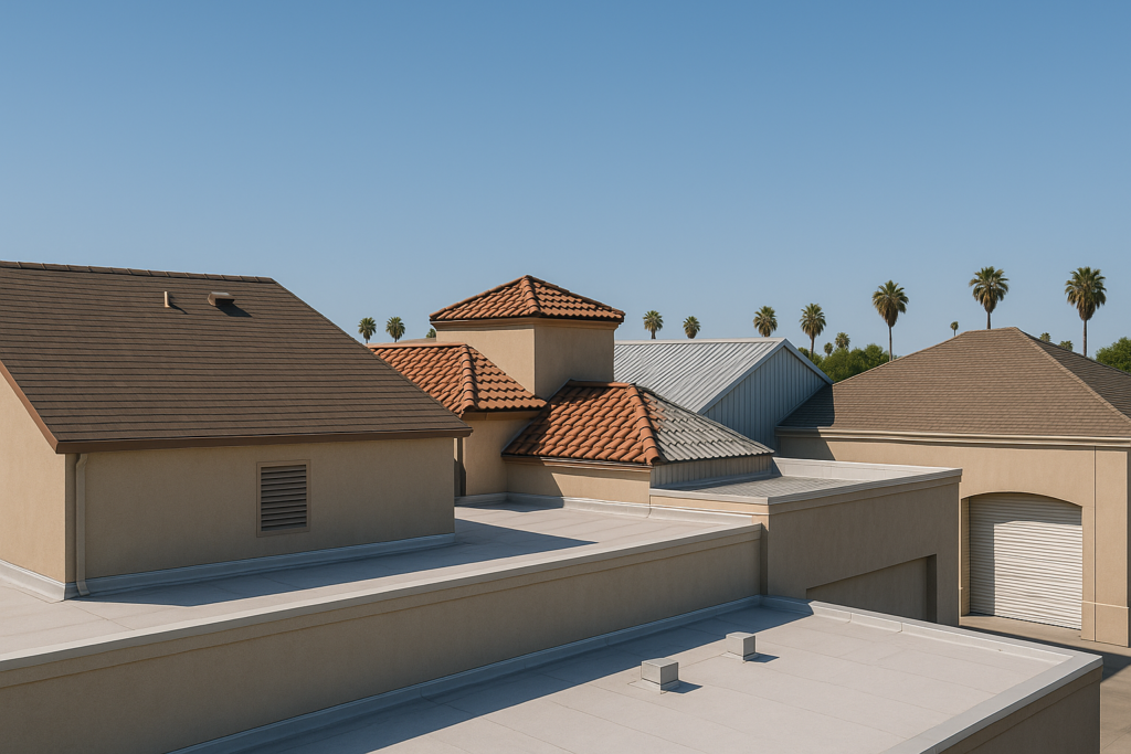 A panoramic view of a large commercial building with a diverse array of roofing types, set against a clear California sky