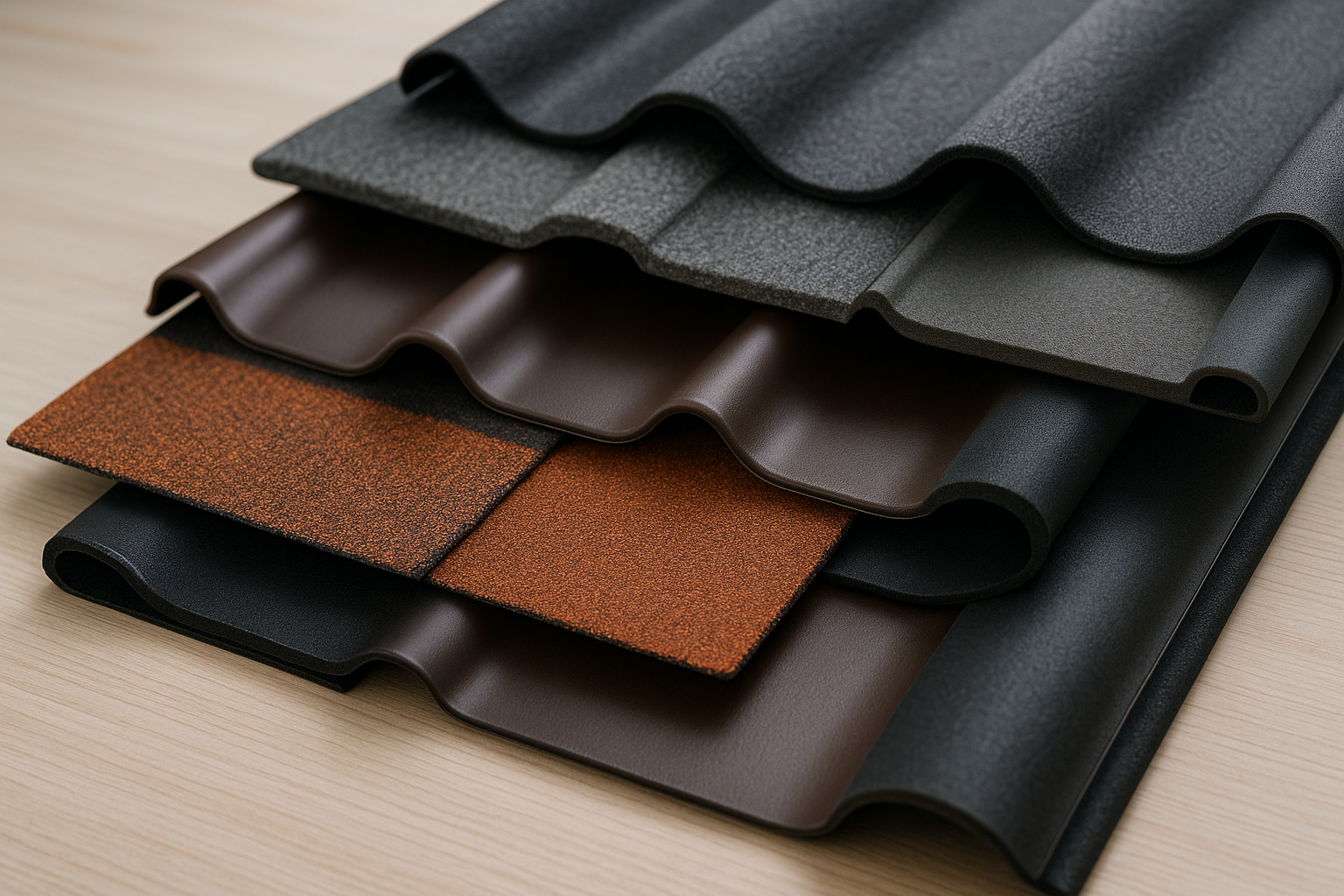 A close-up of various roofing materials laid out on a table, showing texture and thickness differences