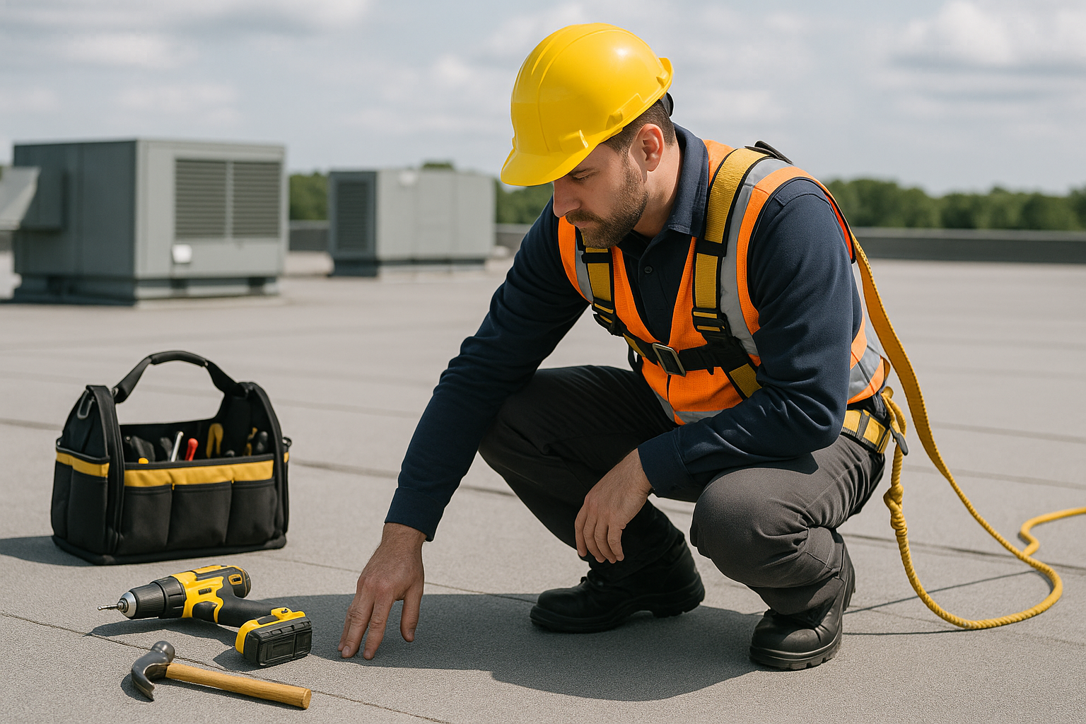 A professional roofer conducting a routine inspection on a commercial roof with various tools and safety equipment visible