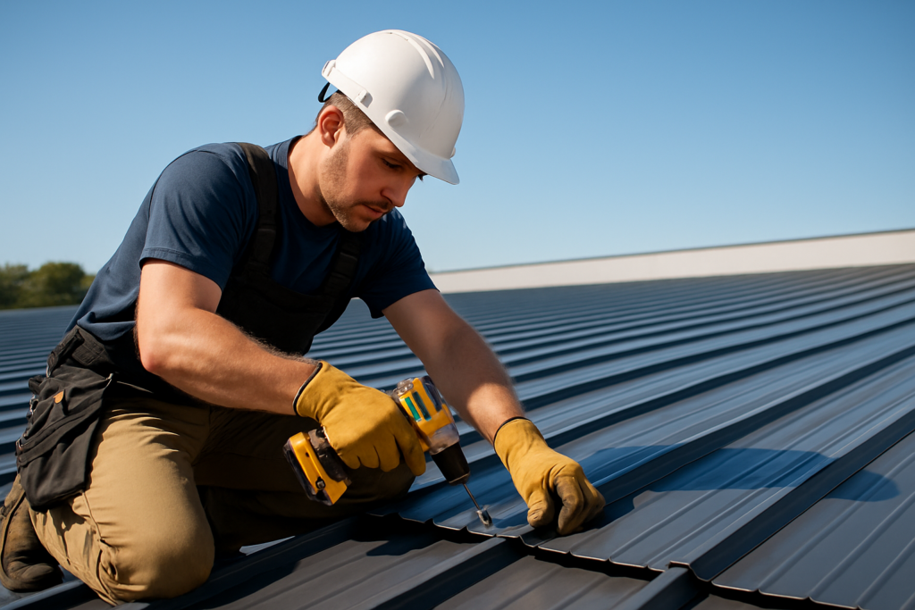 A professional roofer installing a metal roof panel on a large commercial building on a clear sunny day