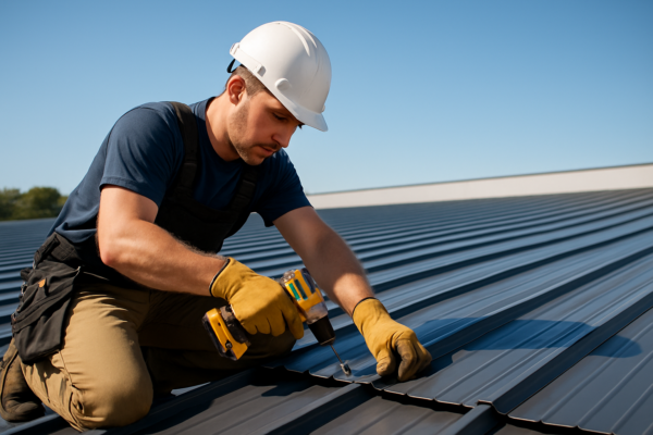 A professional roofer installing a metal roof panel on a large commercial building on a clear sunny day
