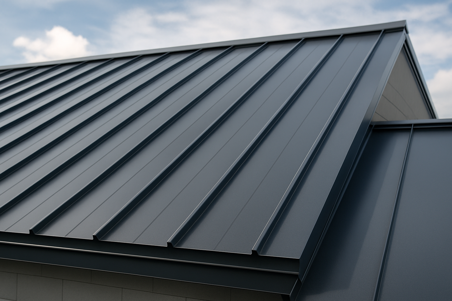 Close-up of metal roofing panels on a commercial building, showing interlocking seams and a smooth finish