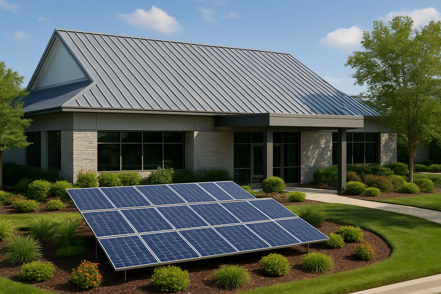 A modern commercial building with a large metal roof, surrounded by solar panels and lush landscaping