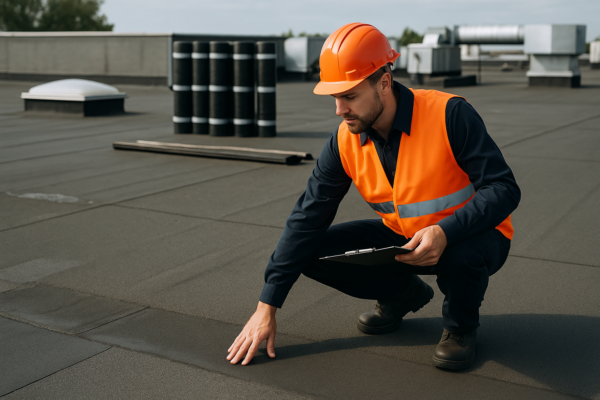 A professional roofer inspecting a large flat commercial roof with various roofing materials in the background