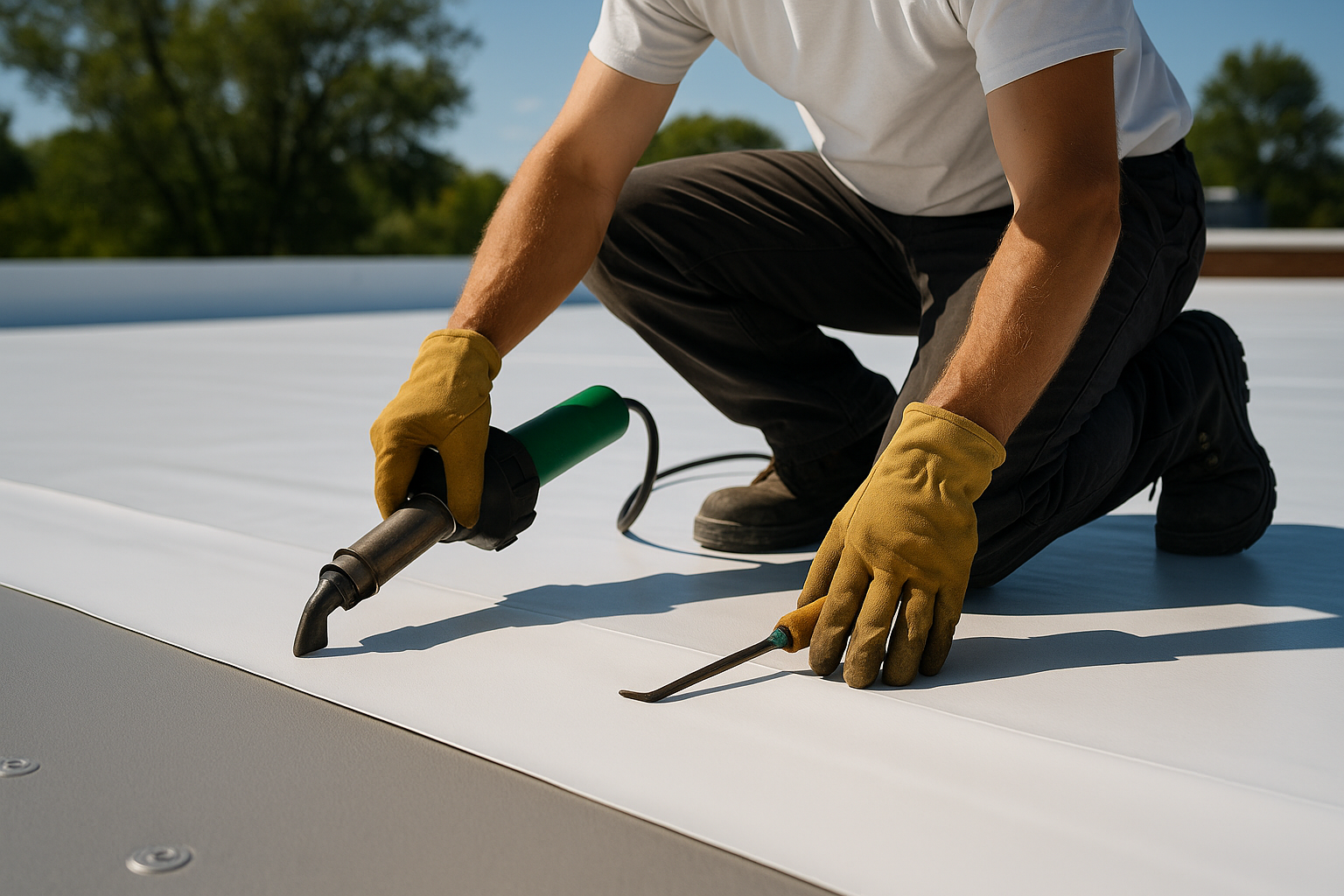Close-up of TPO roofing membranes being installed by a professional roofer on a sunny day