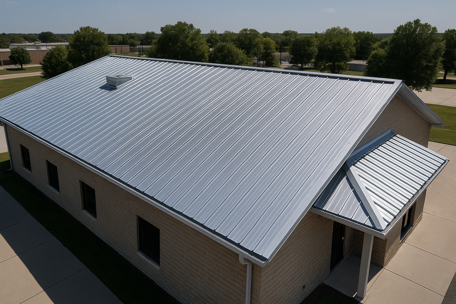 Aerial view of a commercial building with a newly installed metal roof, gleaming under the sun