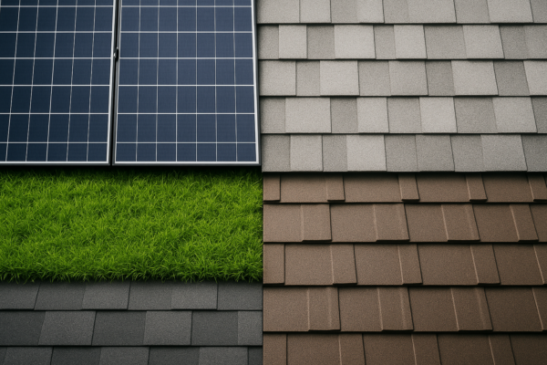 A variety of eco-friendly roofing materials displayed in a grid, including solar panels, cool roofs, and metal shingles