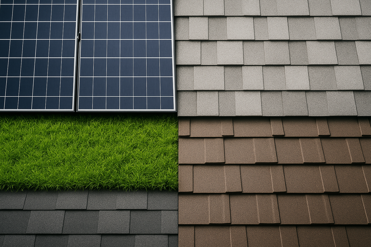 A variety of eco-friendly roofing materials displayed in a grid, including solar panels, cool roofs, and metal shingles