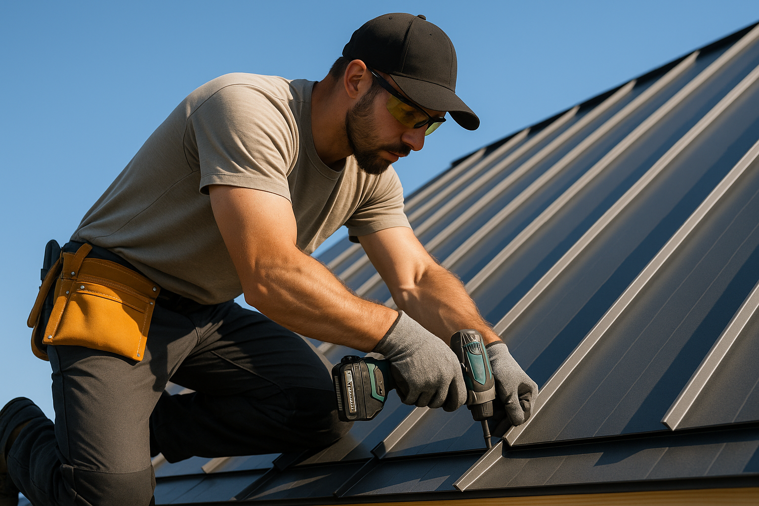 A professional roofer installing standing seam metal roofing panels on a sunny day with clear skies