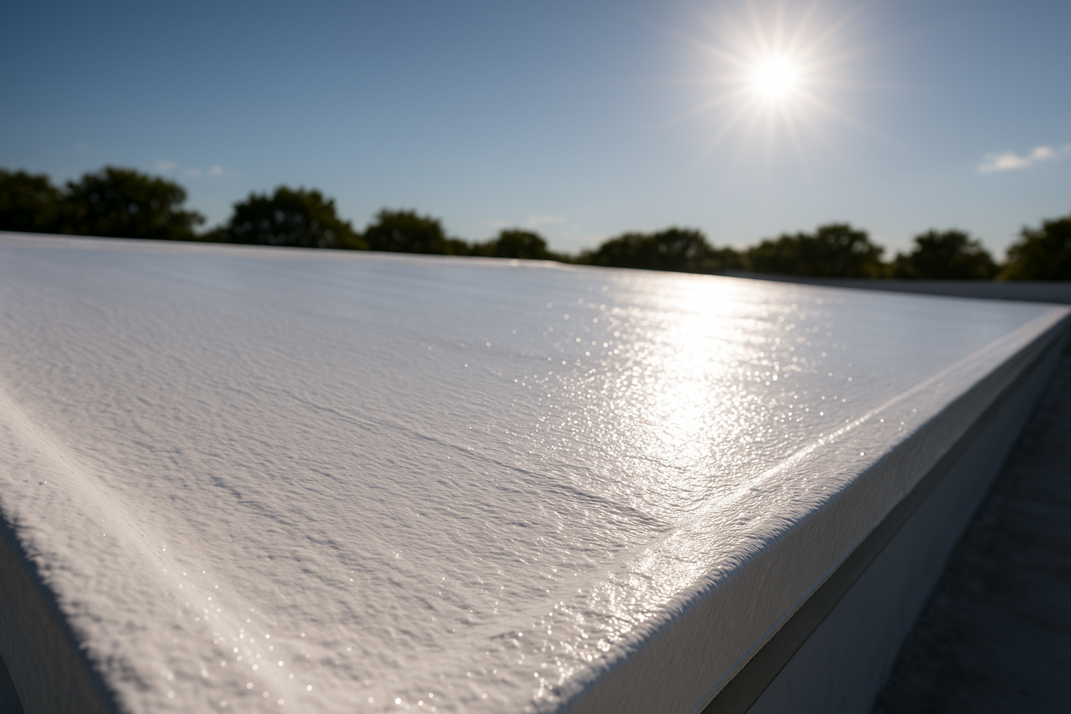 Close-up of a cool roof with reflective coating under direct sunlight, showing its heat-reflective properties