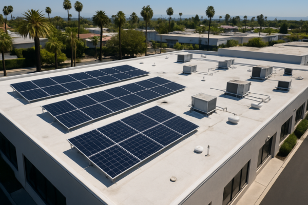 Aerial view of a flat roof on a commercial building in Southern California with solar panels and HVAC units visible