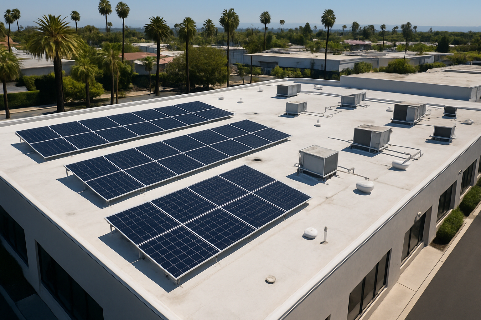 Aerial view of a flat roof on a commercial building in Southern California with solar panels and HVAC units visible