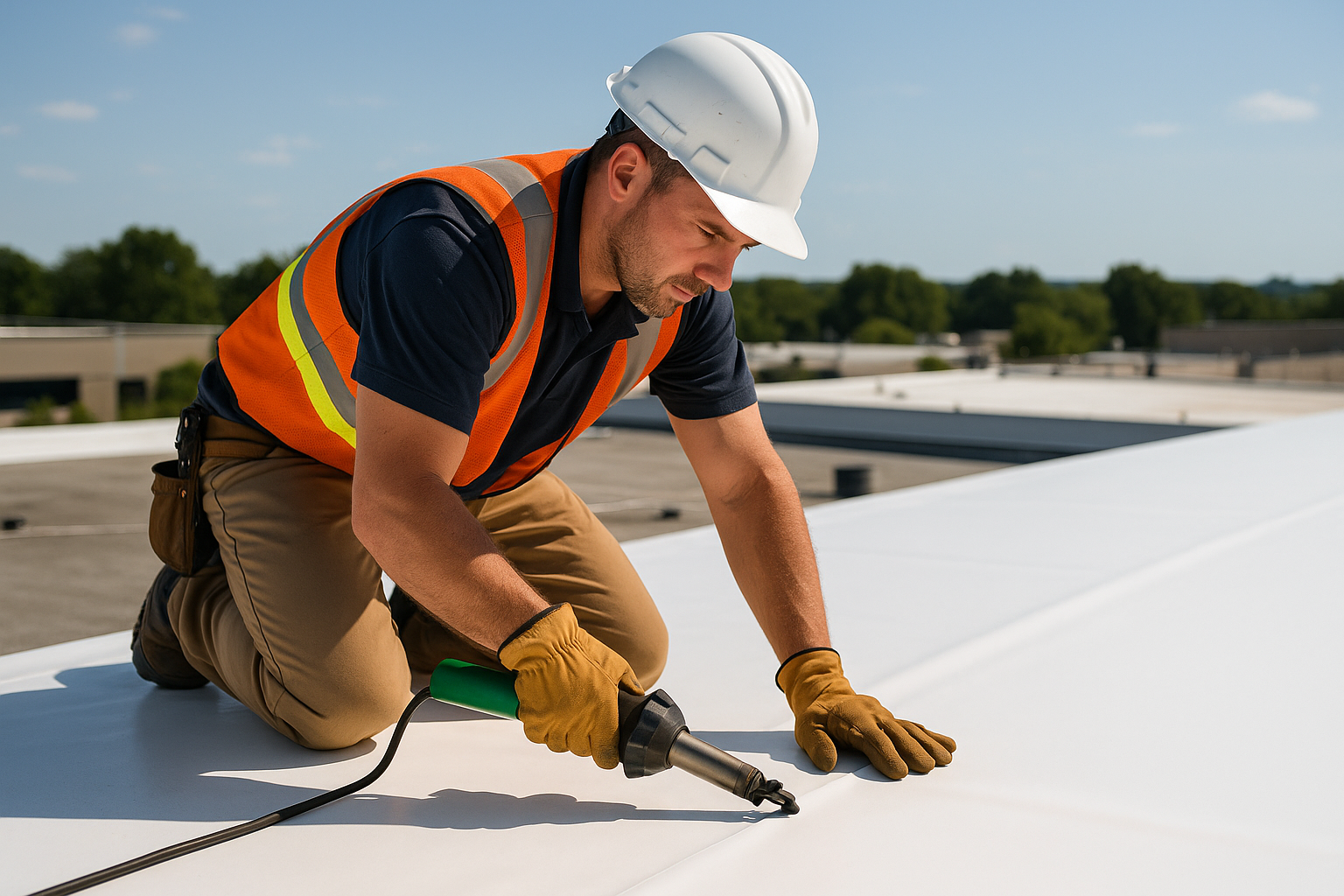 A professional roofer installing TPO membrane on a flat commercial roof on a sunny day