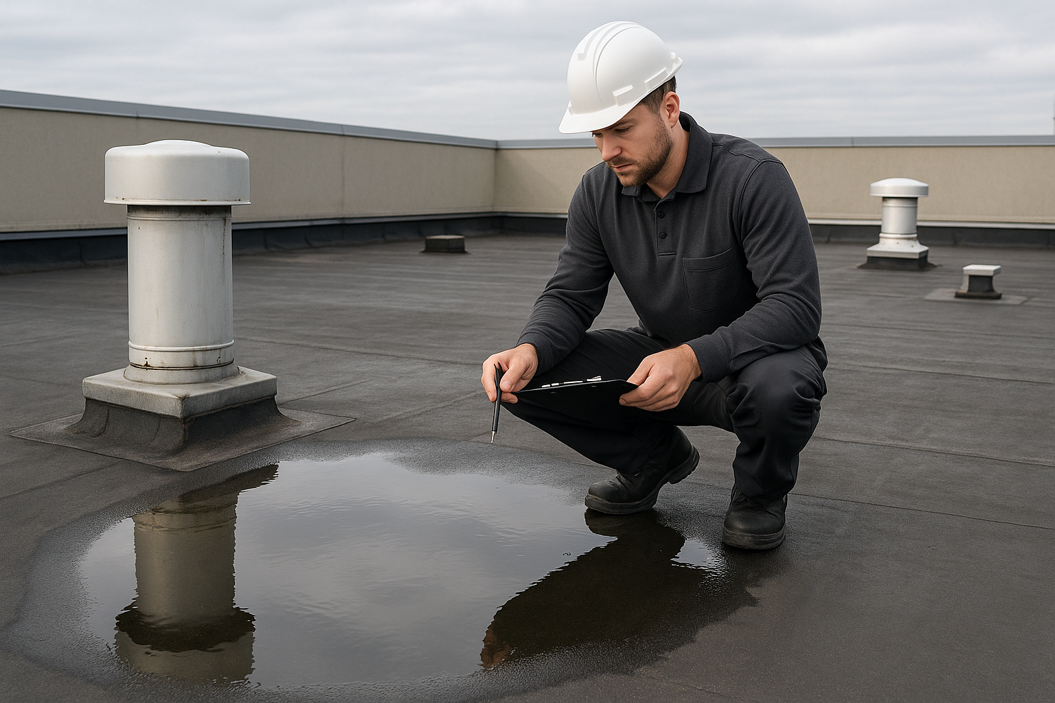 Close-up of a commercial flat roof with visible water pooling and a technician conducting an inspection