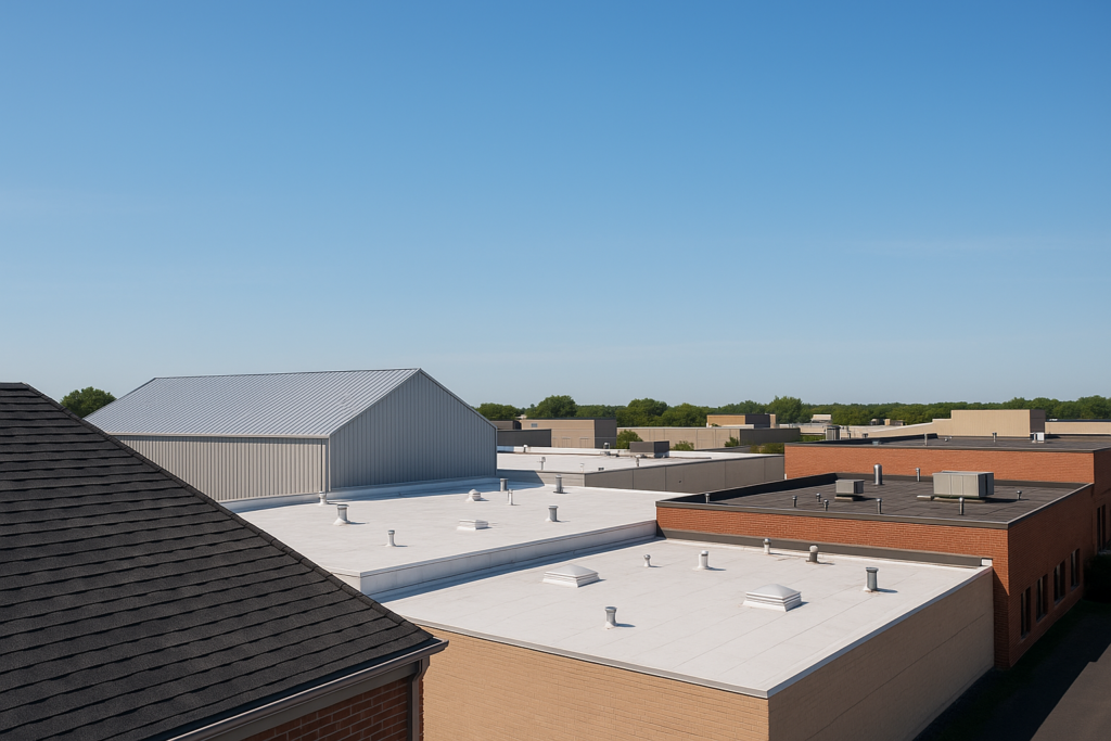A panoramic view of various commercial buildings with different roofing materials under a clear blue sky