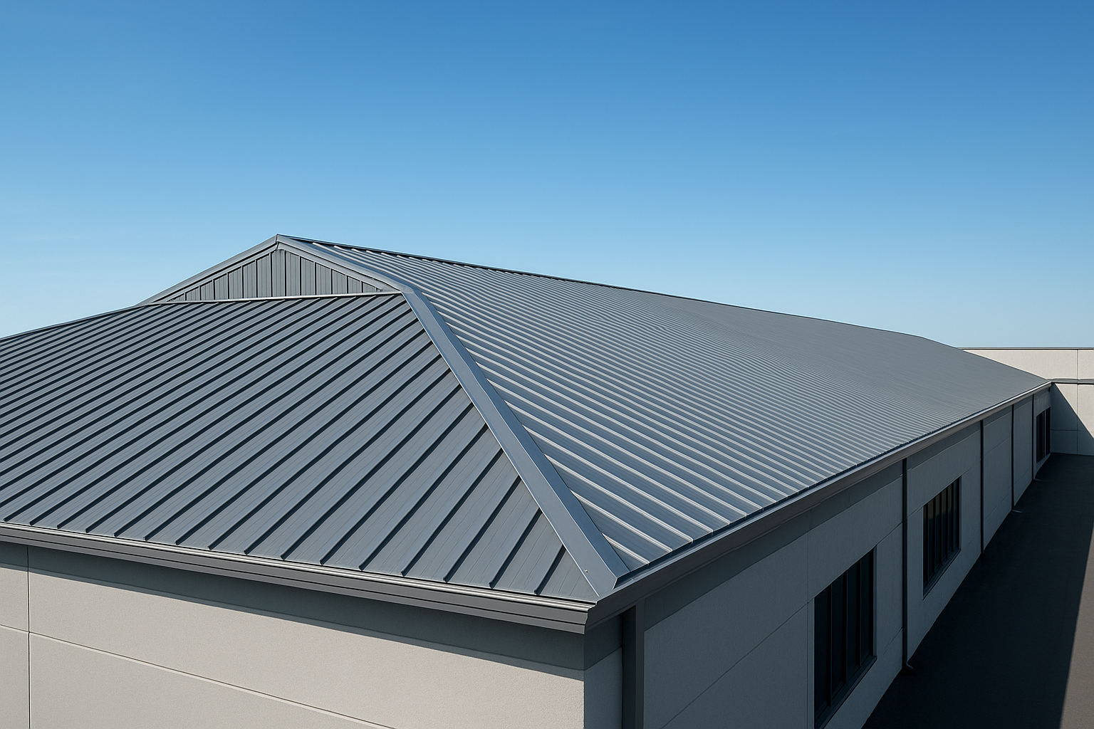 A panoramic view of a large commercial building with a sleek metal roof under a clear blue sky