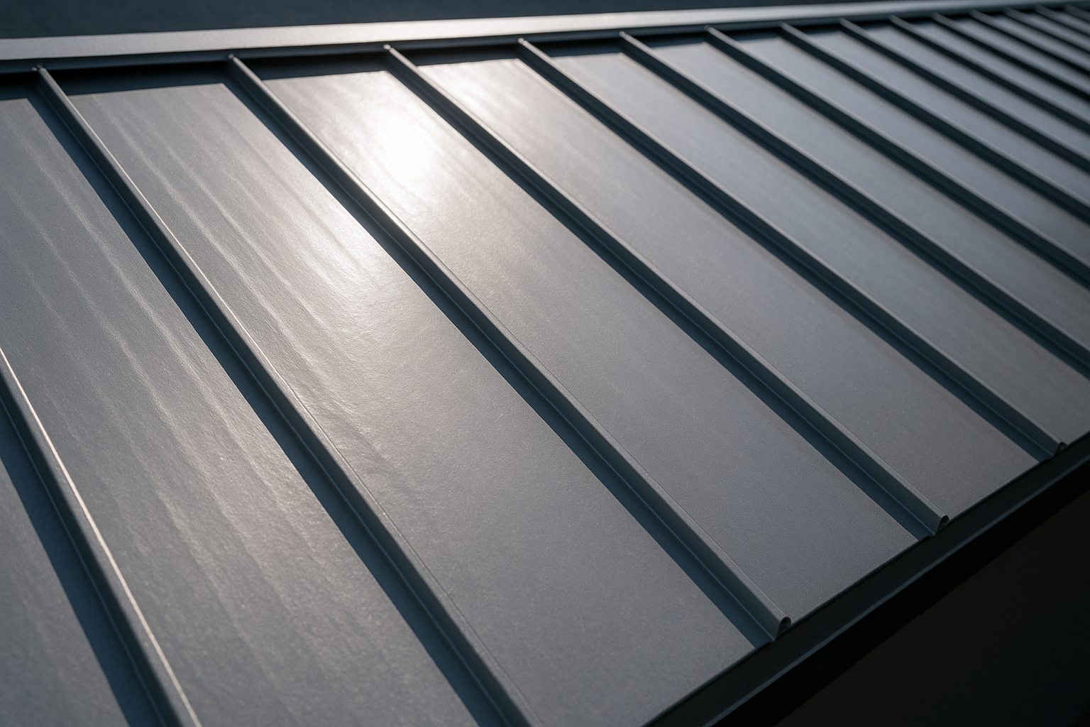 A close-up shot of a standing seam metal roof with clearly visible seams and a reflective surface under the sun