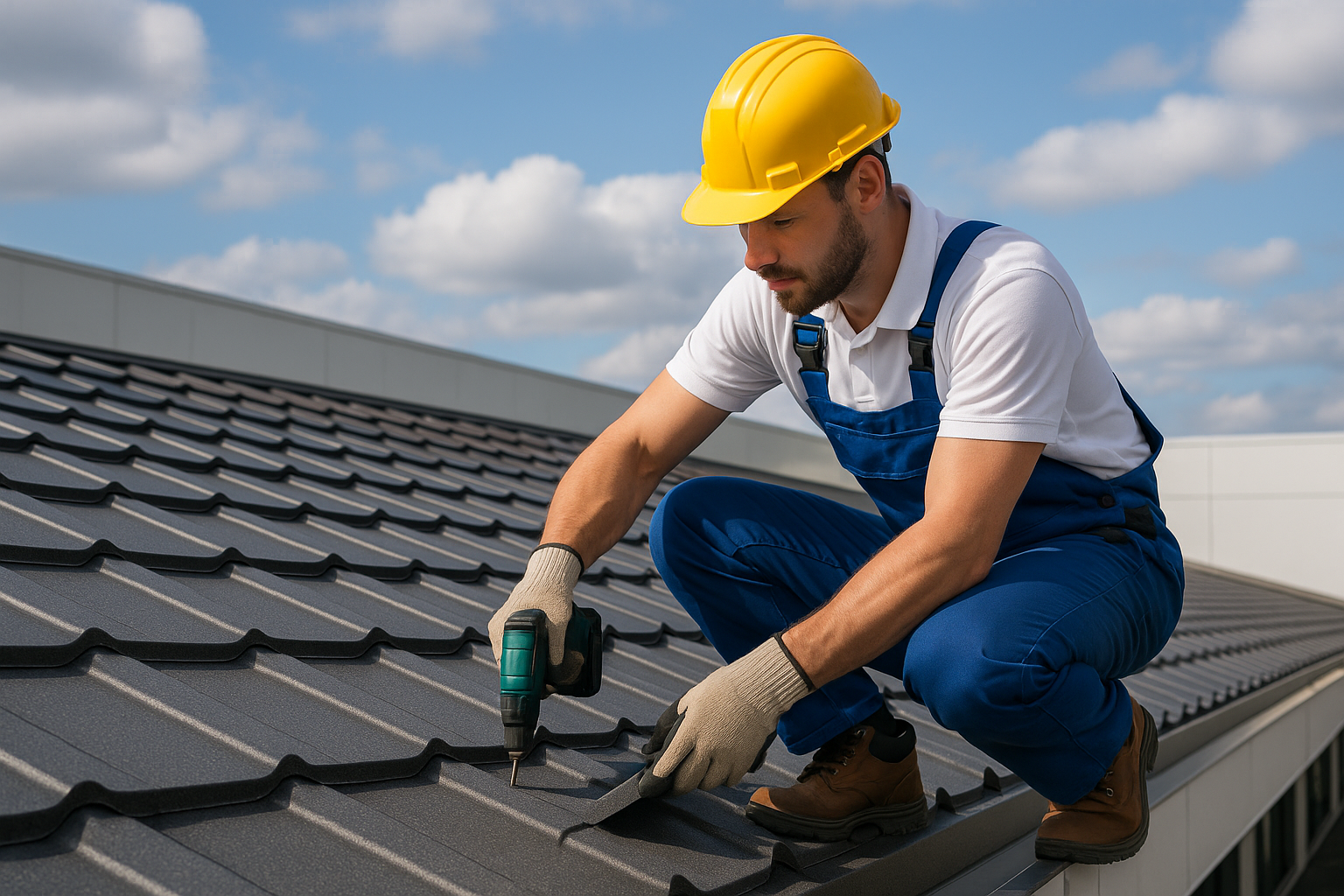 A professional roofer installing a metal shingle roof on a commercial building under a partly cloudy sky