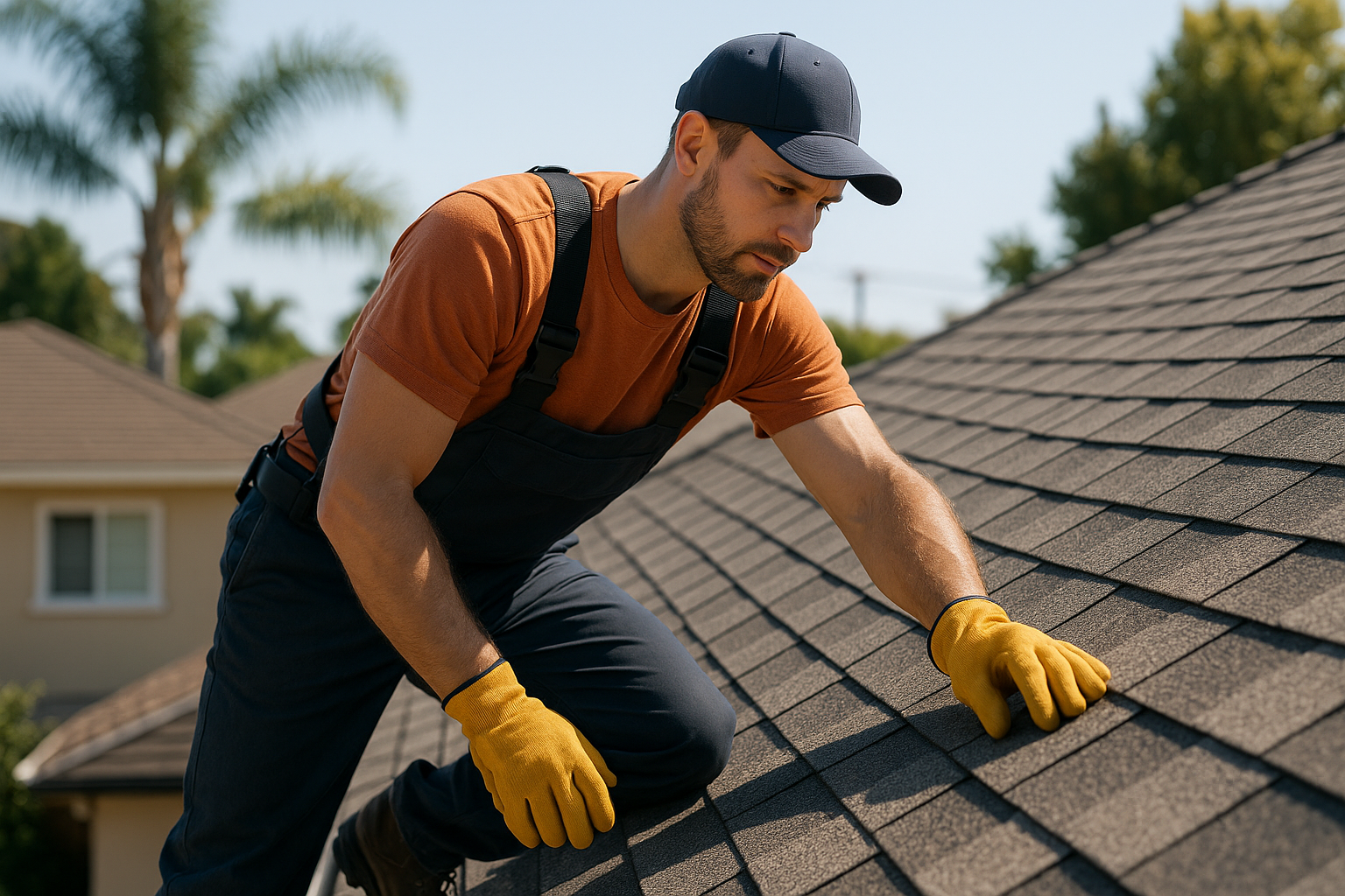 A professional roofer inspecting shingles on a residential roof under the California sun