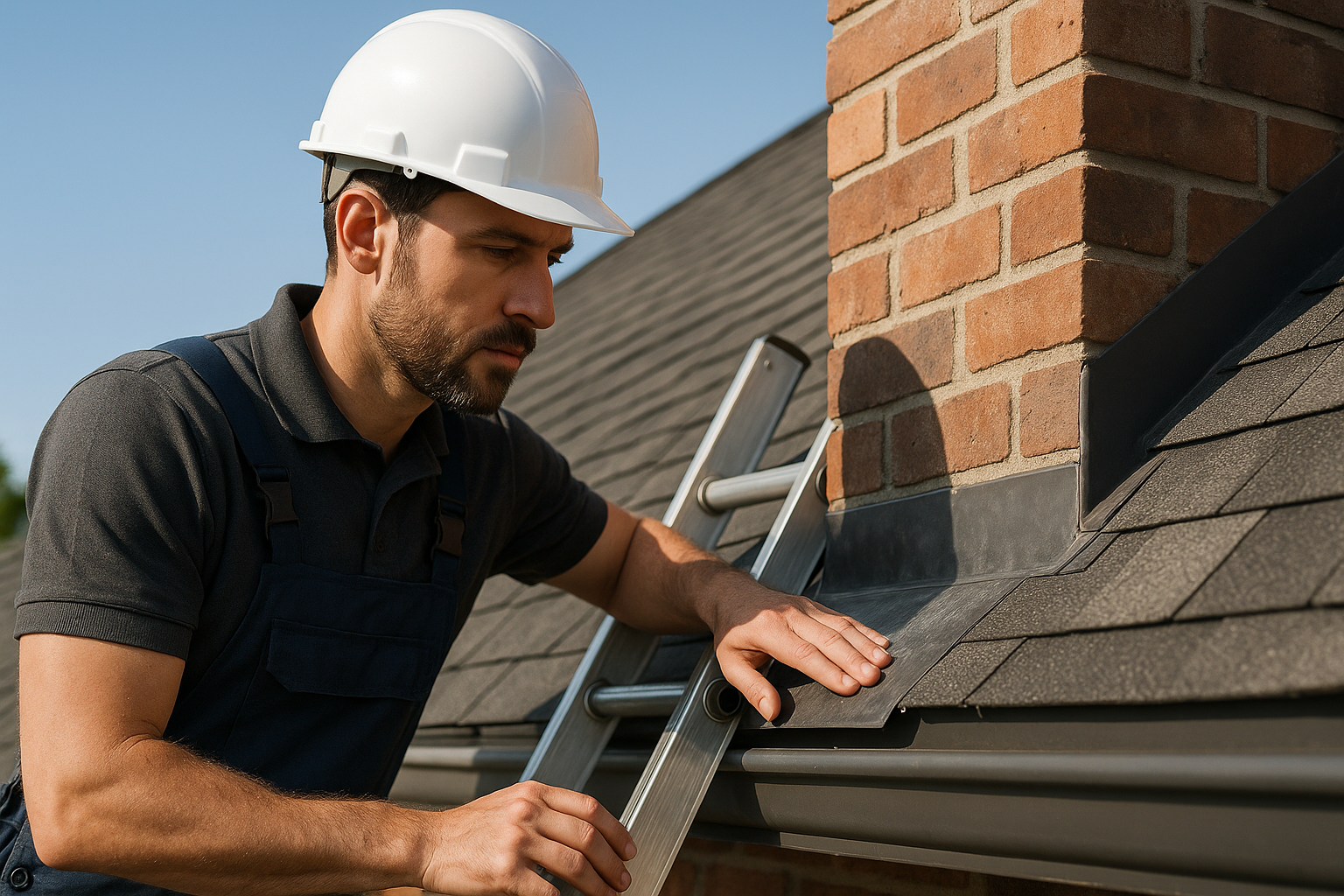 A detailed view of a roofer using a ladder to inspect the flashing around a chimney