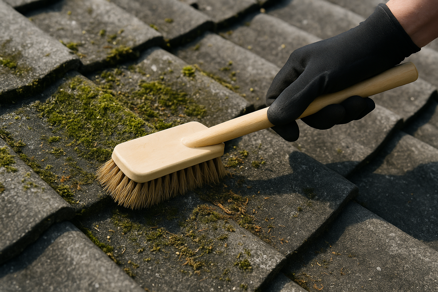 Close-up of a roof being cleaned with a soft-bristle brush to remove moss and debris