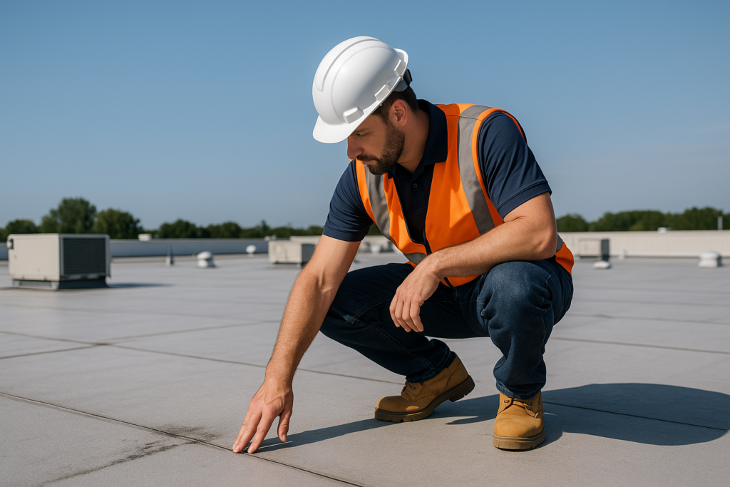 A professional roofer inspecting a large commercial flat roof for damage on a clear day