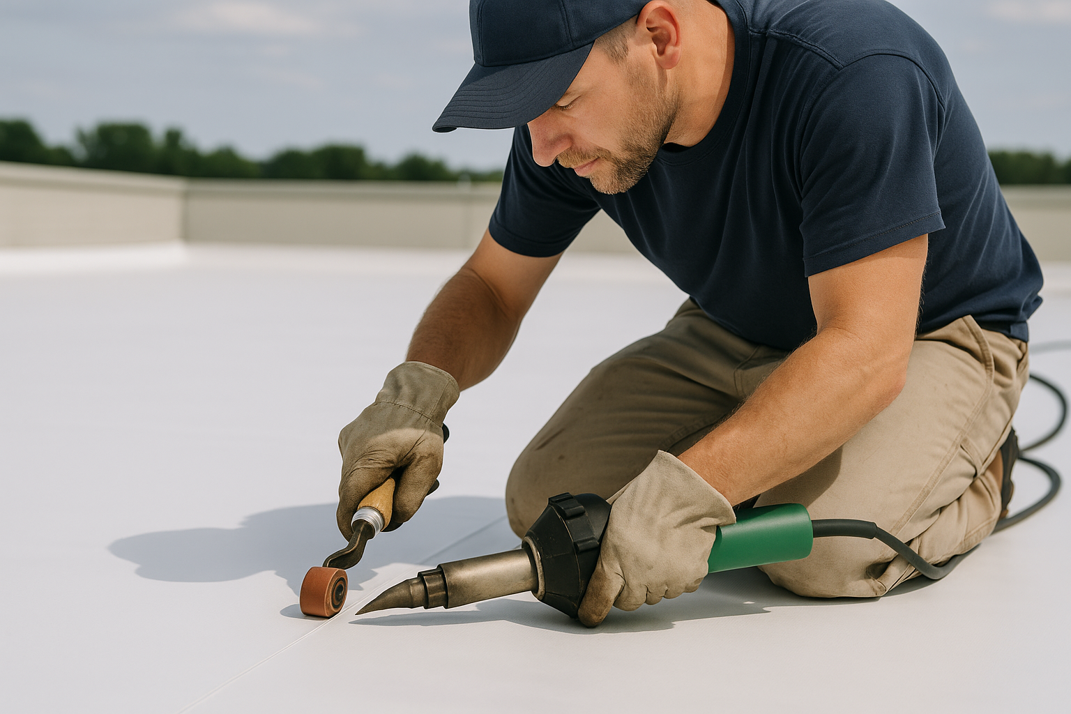 Close-up of a professional roofer using a heat gun to repair a TPO roofing membrane on a commercial building