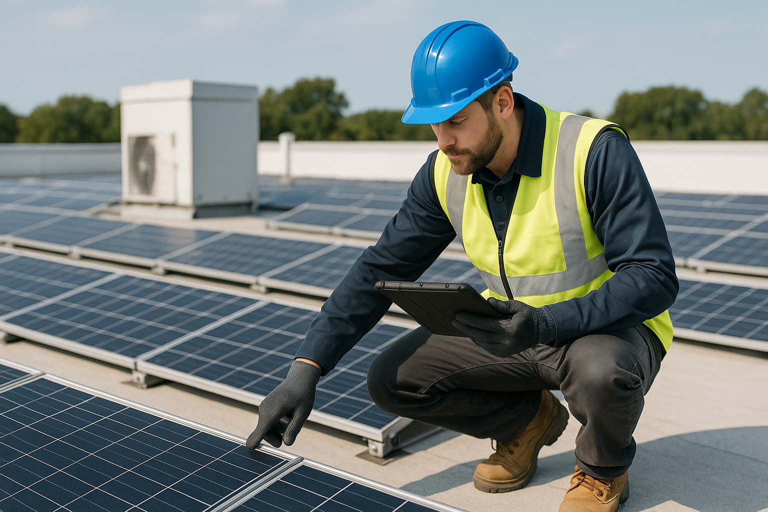 A technician performing a maintenance check on a commercial roof with solar panels, ensuring optimal performance and longevity