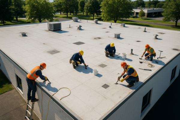 An aerial view of a large commercial building with a team of roofers working on repairs on a sunny day