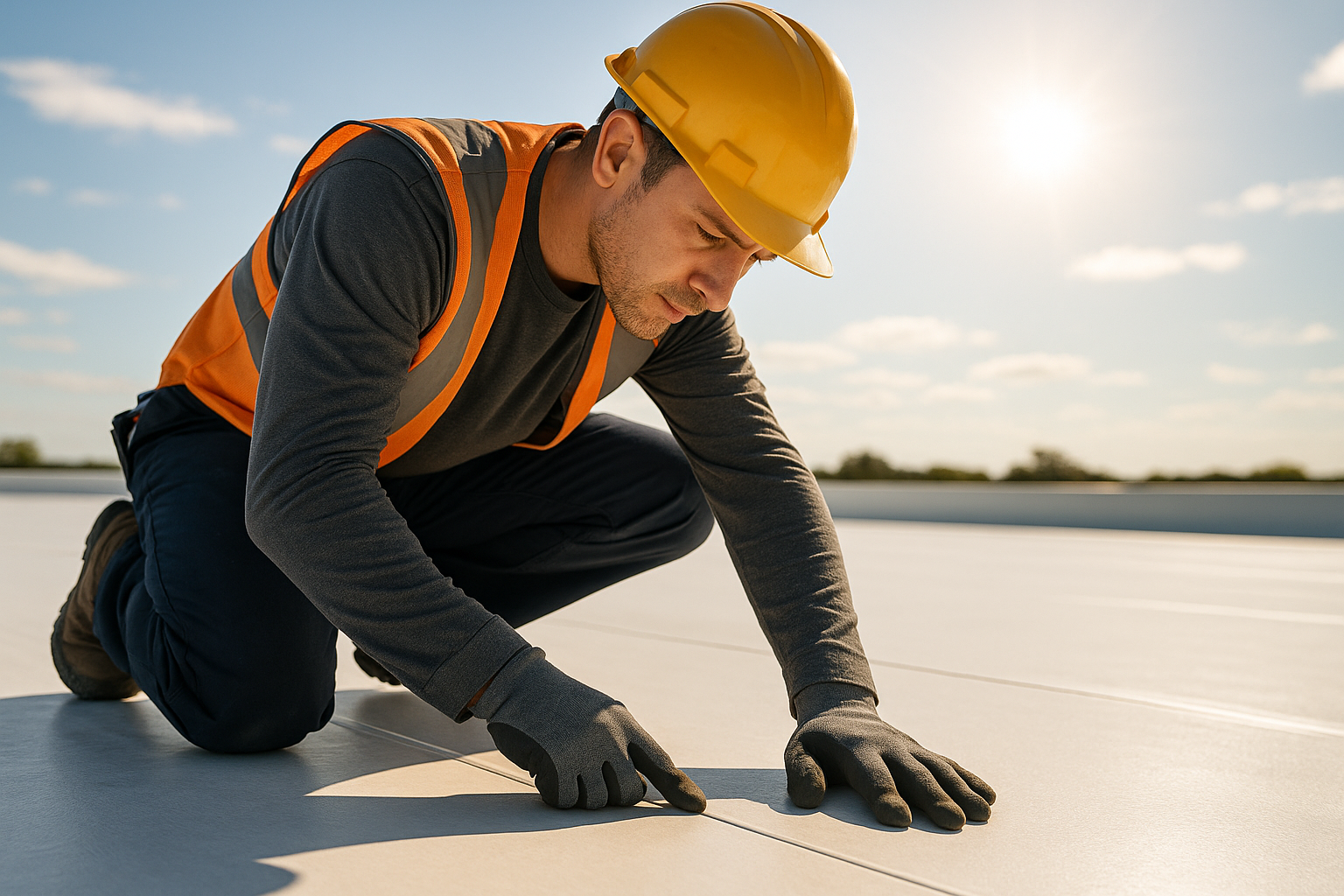 Close-up of a roofer examining the seams of a TPO membrane roof with a sunlight backdrop