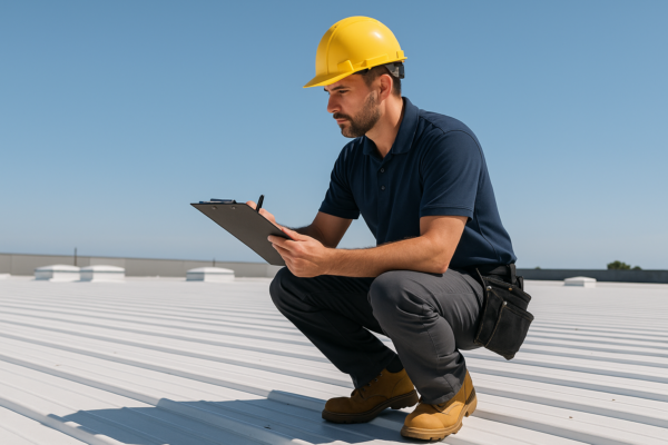 A professional roofer inspecting a large commercial roof with a clipboard in hand, under a clear blue sky