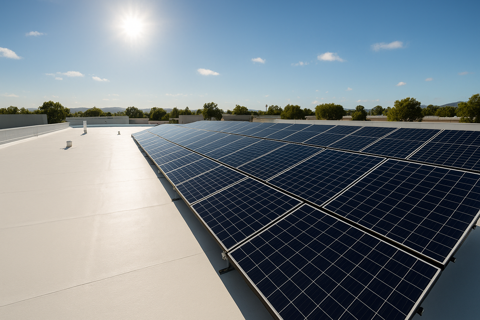A rooftop with solar panels and white reflective coating, illustrating energy-efficient commercial roofing in a sunny setting