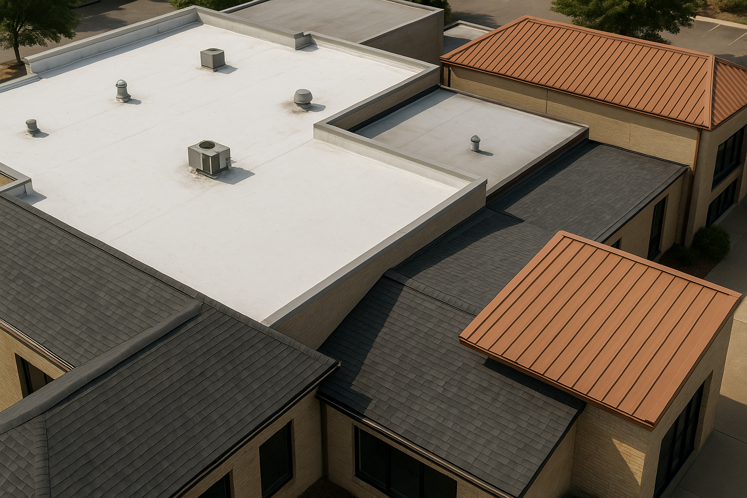 Aerial view of a commercial building with multiple roofing types, showcasing diversity in roofing solutions