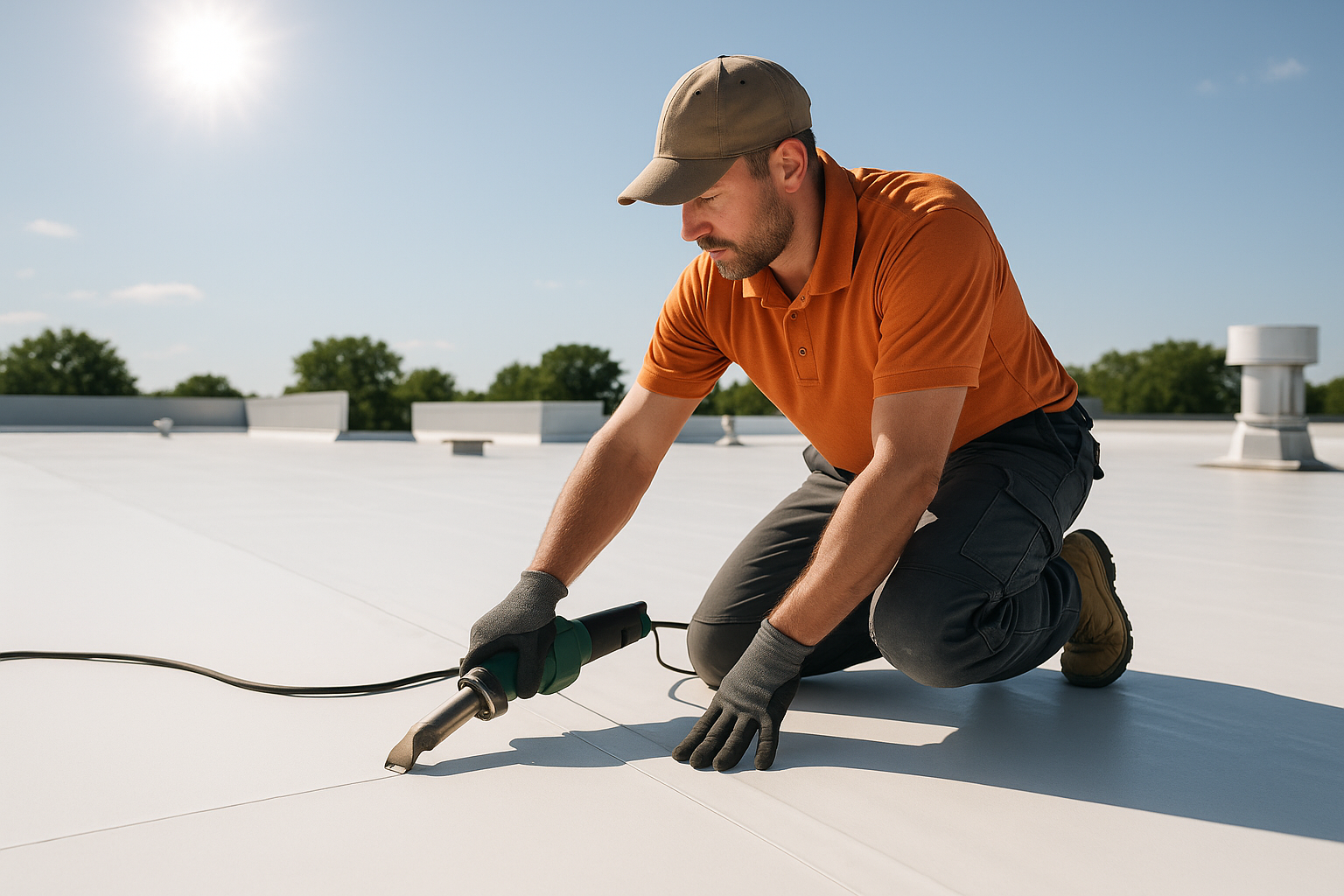 A professional roofer installing TPO membrane on a flat commercial roof on a sunny day