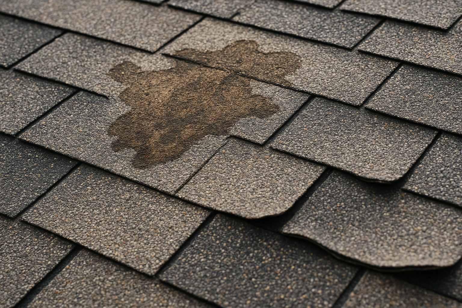 Close-up of damaged asphalt shingles with visible water staining and curling edges