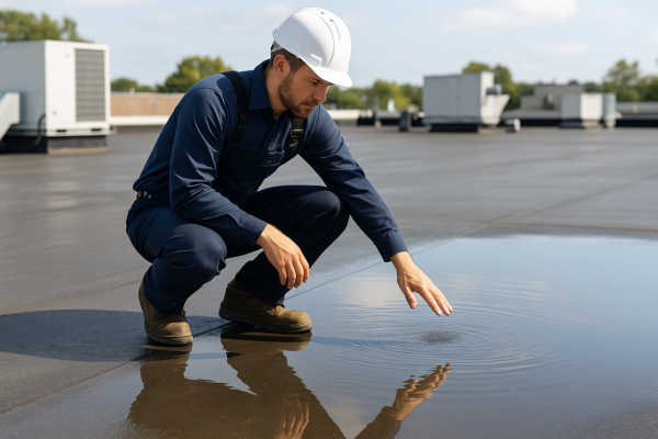 A professional roofer inspecting a flat commercial roof with water pooling visible on the surface