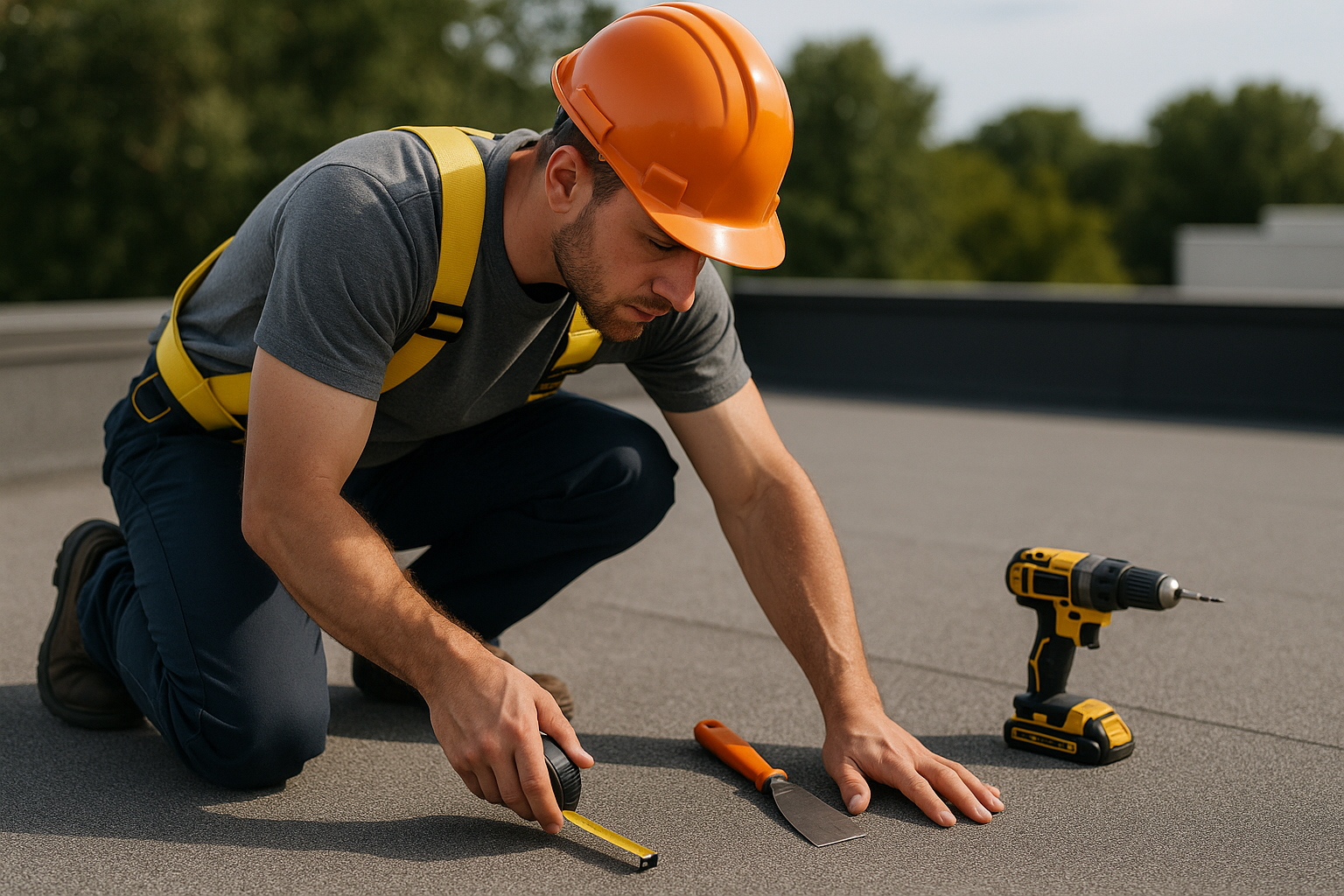 Close-up of a roofer assessing a flat roof, showing tools and safety gear in use