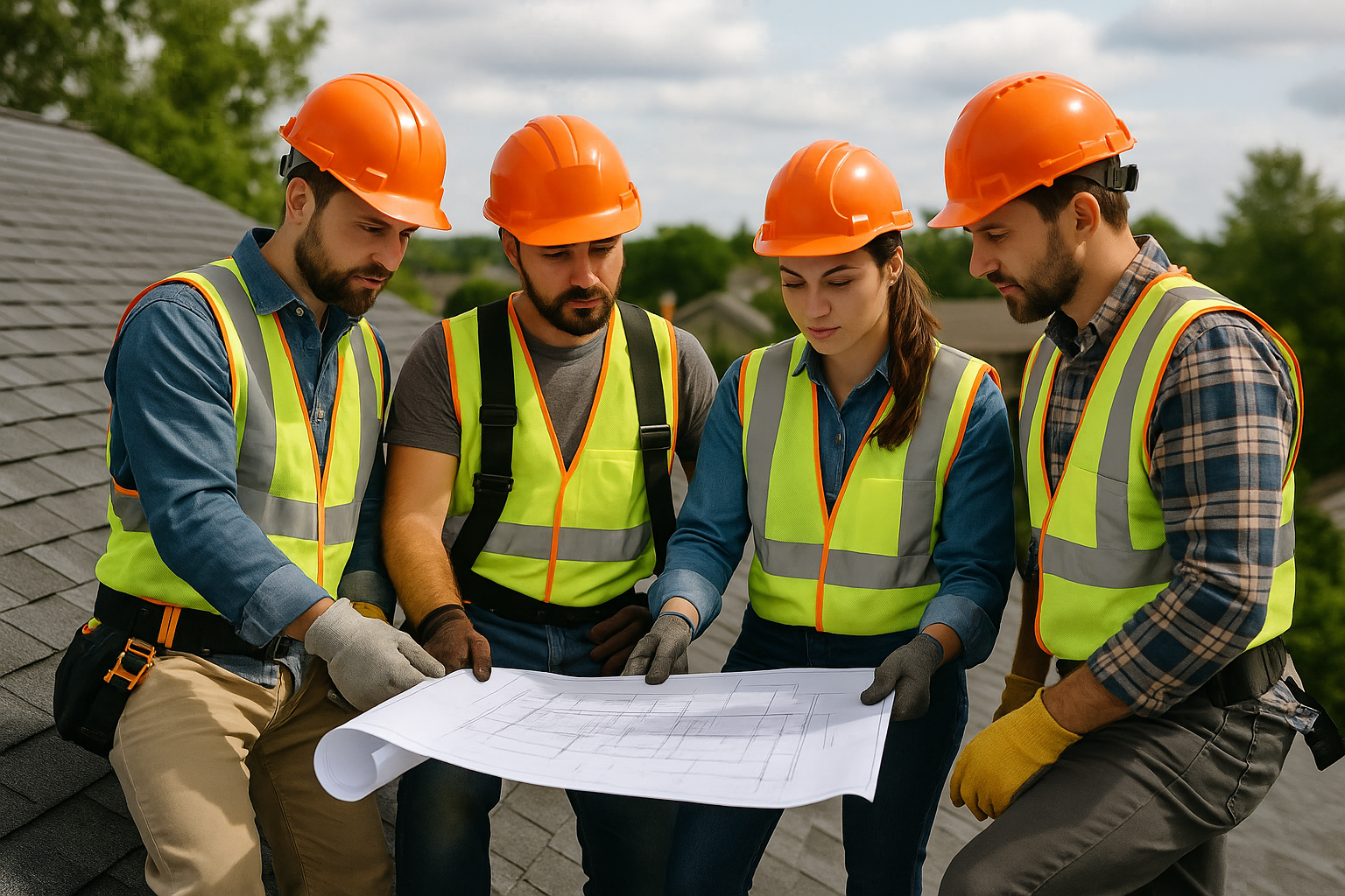 A group of roofing professionals discussing project plans on a rooftop with safety gear and blueprints