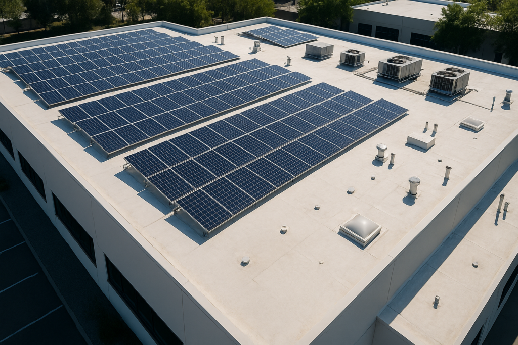 An aerial view of a large commercial building with a flat roof, showcasing solar panels and HVAC units on a sunny day