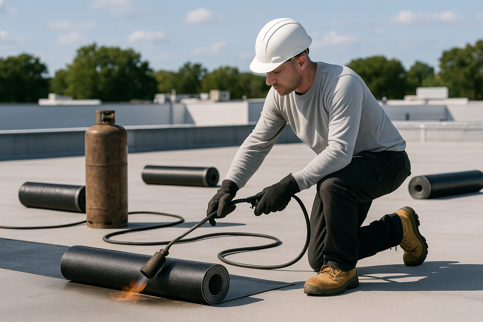 A professional roofer installing a BUR system on a large commercial roof, with rolls of material and tools visible