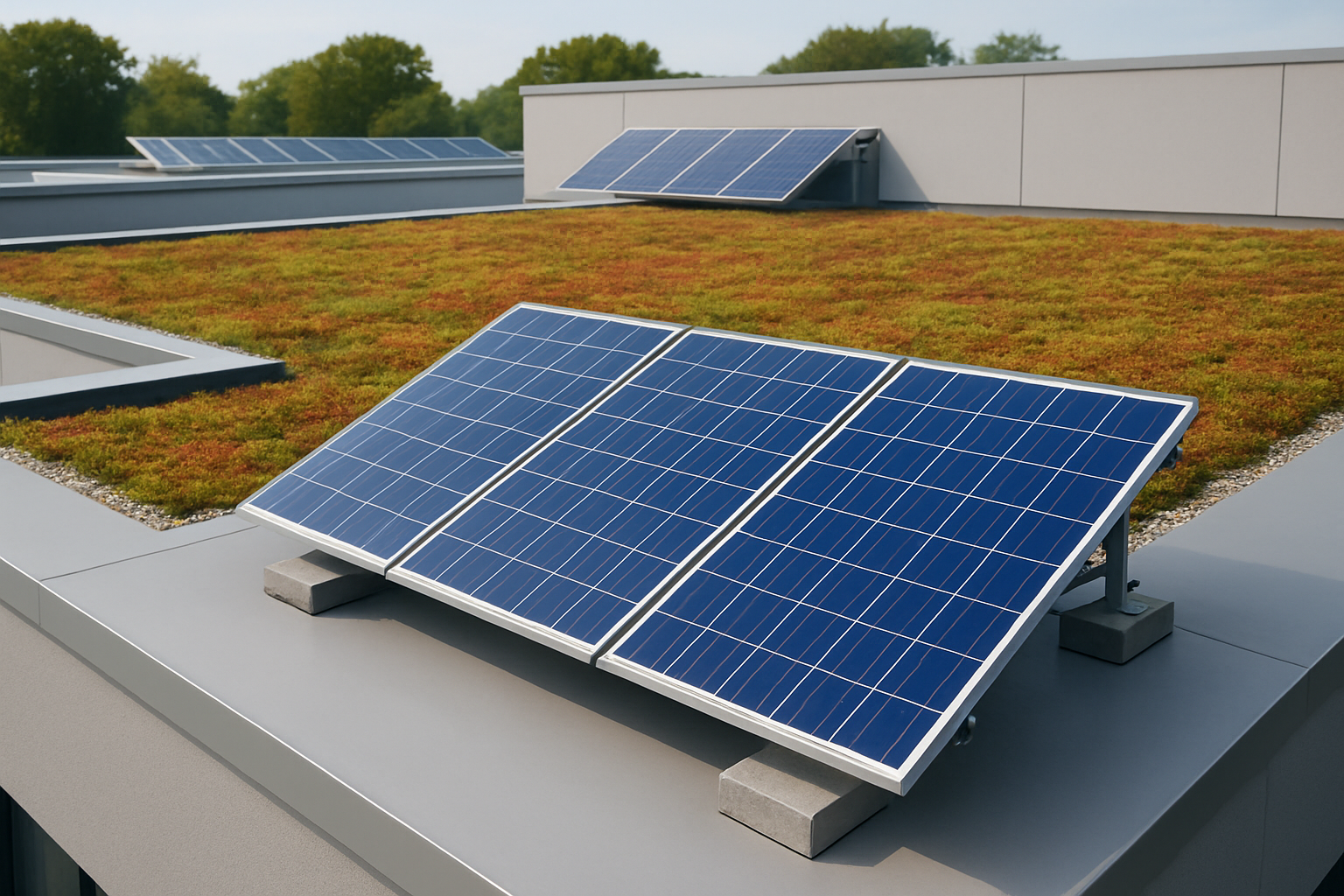 Close-up of a commercial flat roof with solar panels and a green rooftop garden, highlighting eco-friendly roofing solutions
